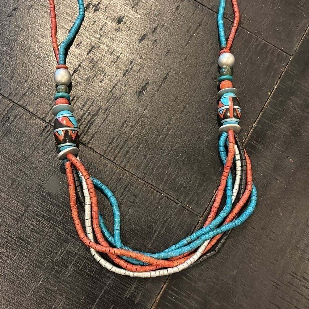 Wood Bead Turquoise Red Disc Long Native American Necklace Lightweight​​​​​​​​